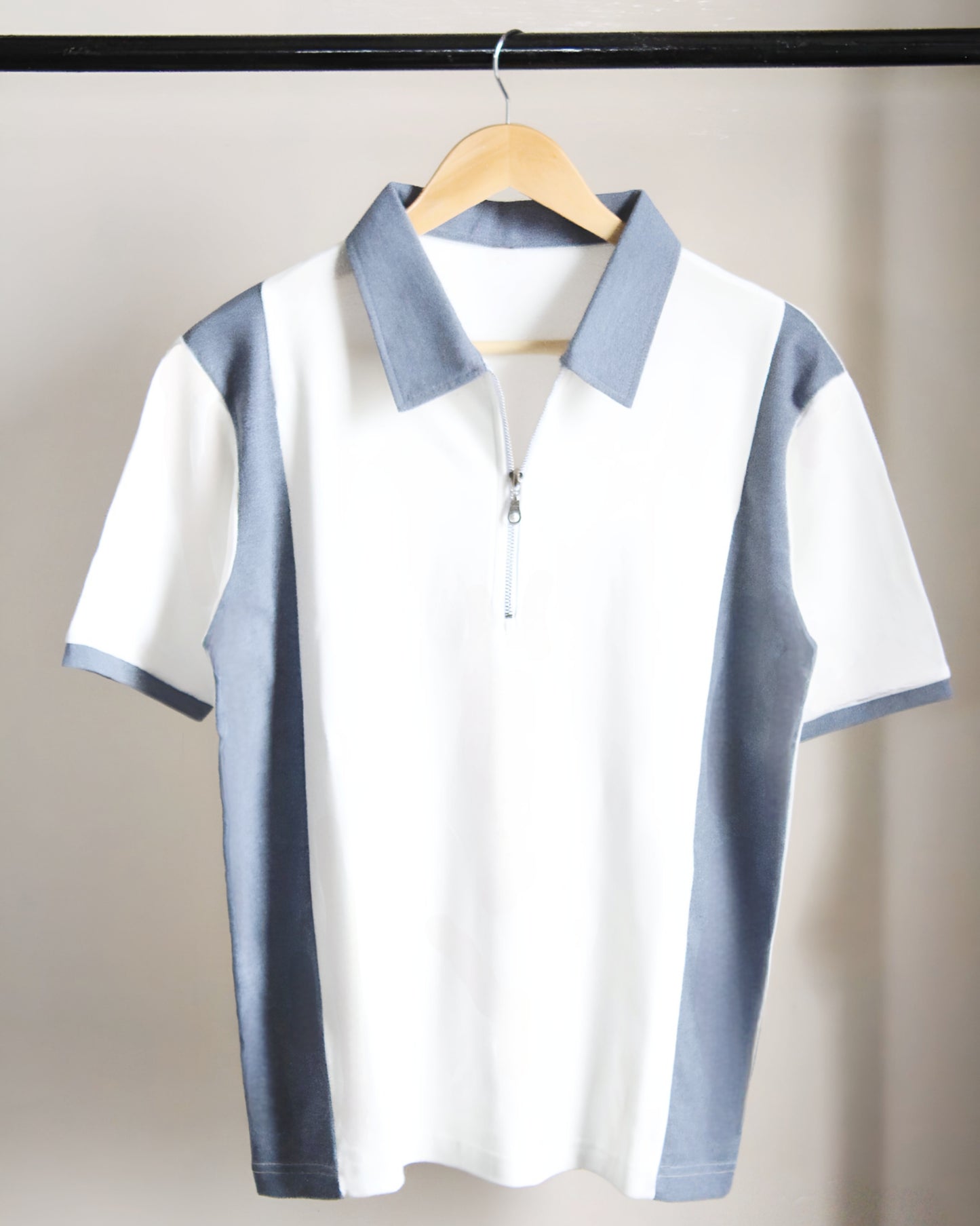 Grey Striped Zipper Polo