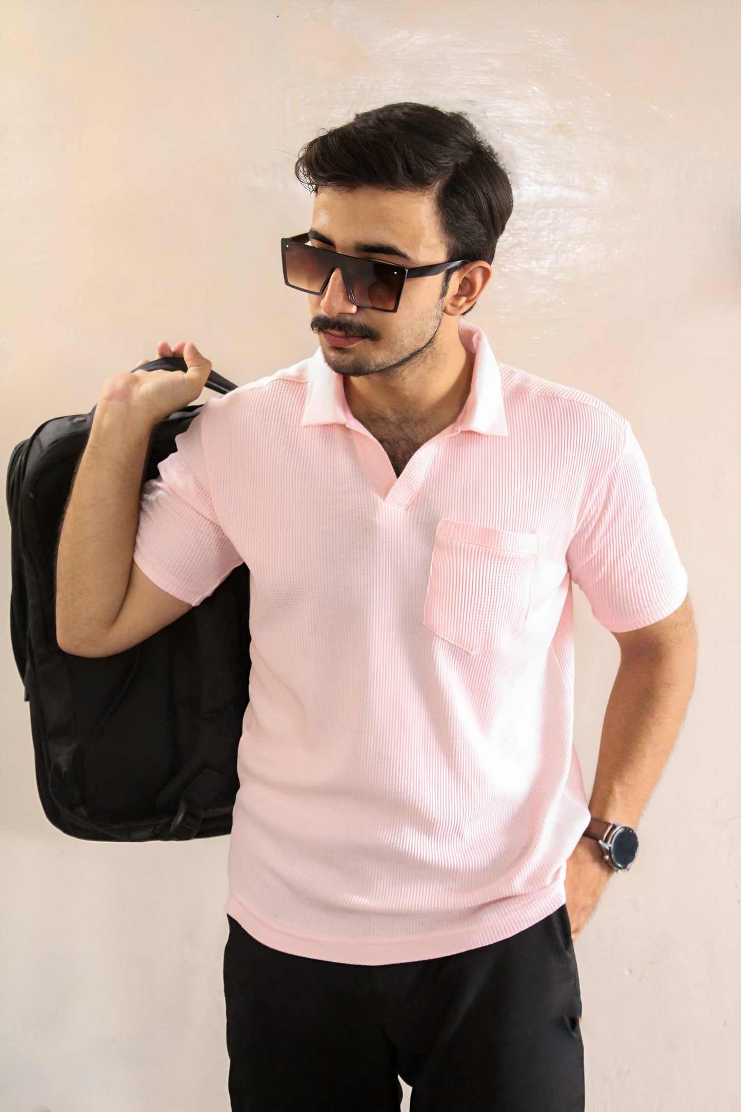 Light pink v-neck johnny collar polo