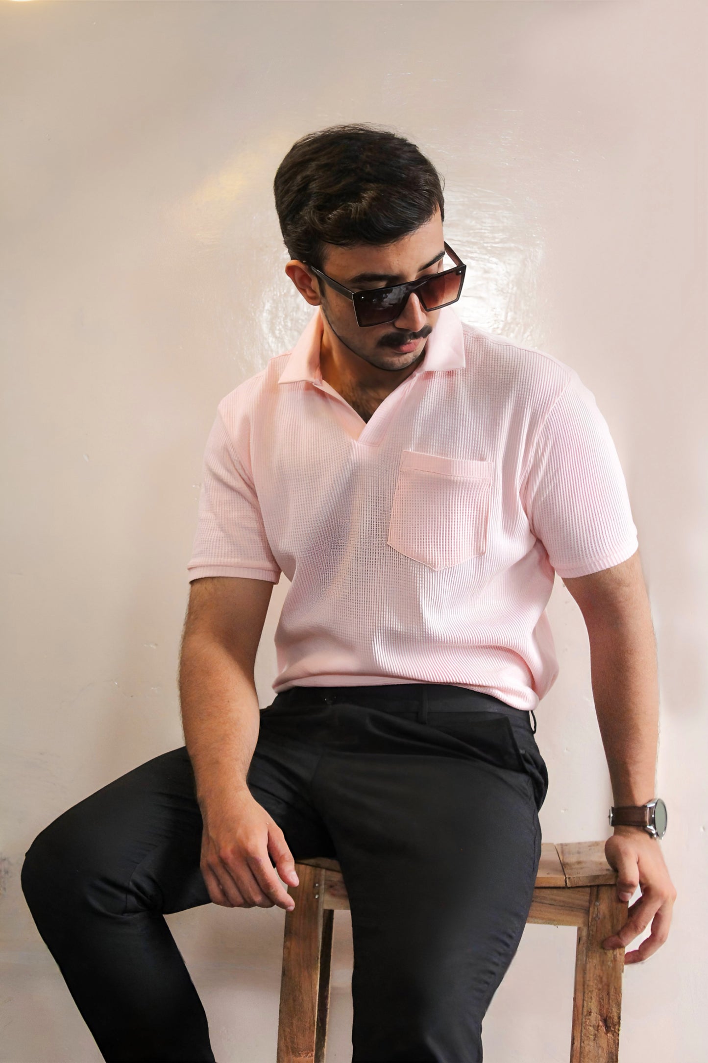 Light pink v-neck johnny collar polo