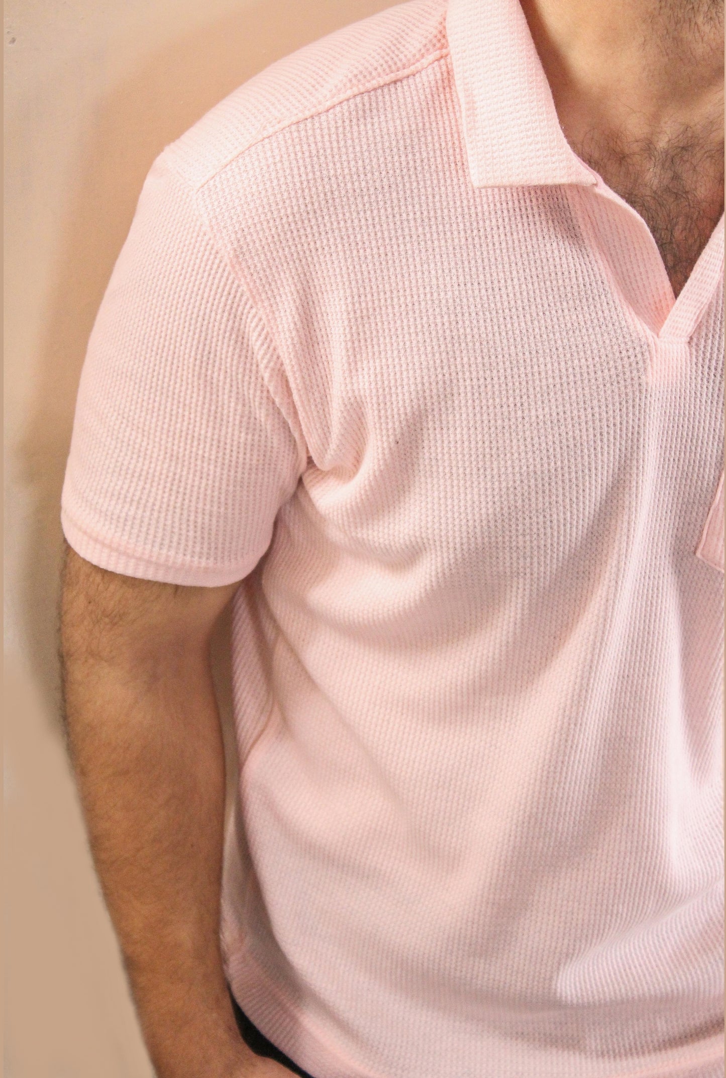 Light pink v-neck johnny collar polo
