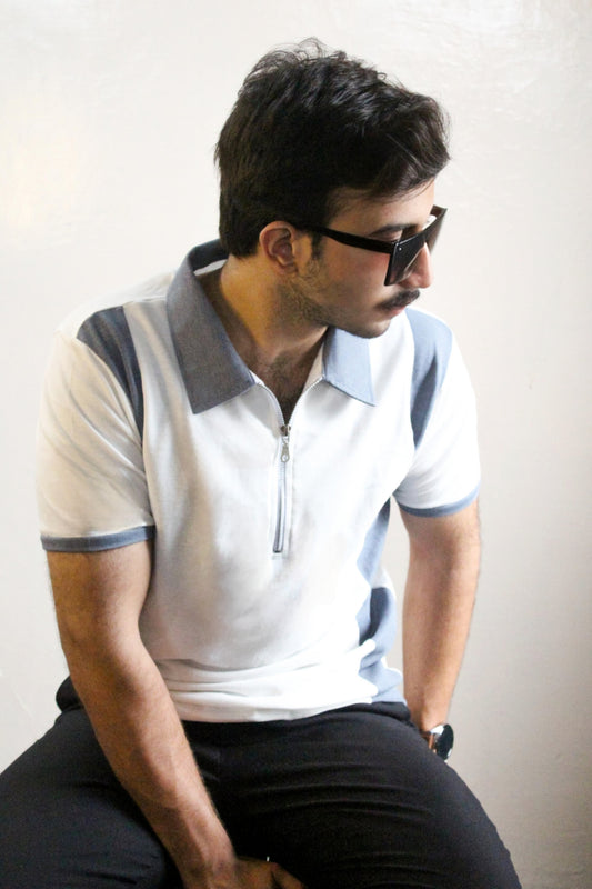 Grey Striped Zipper Polo