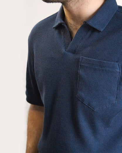 Dark Blue textured V-neck Polo