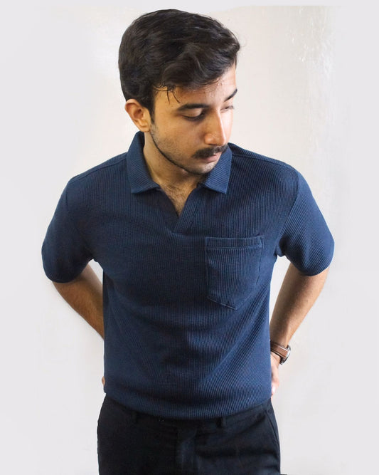 Dark Blue textured V-neck Polo