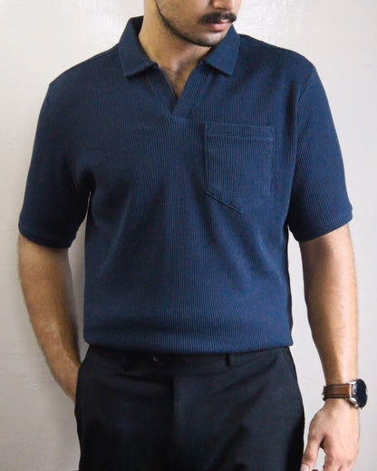 Dark Blue textured V-neck Polo